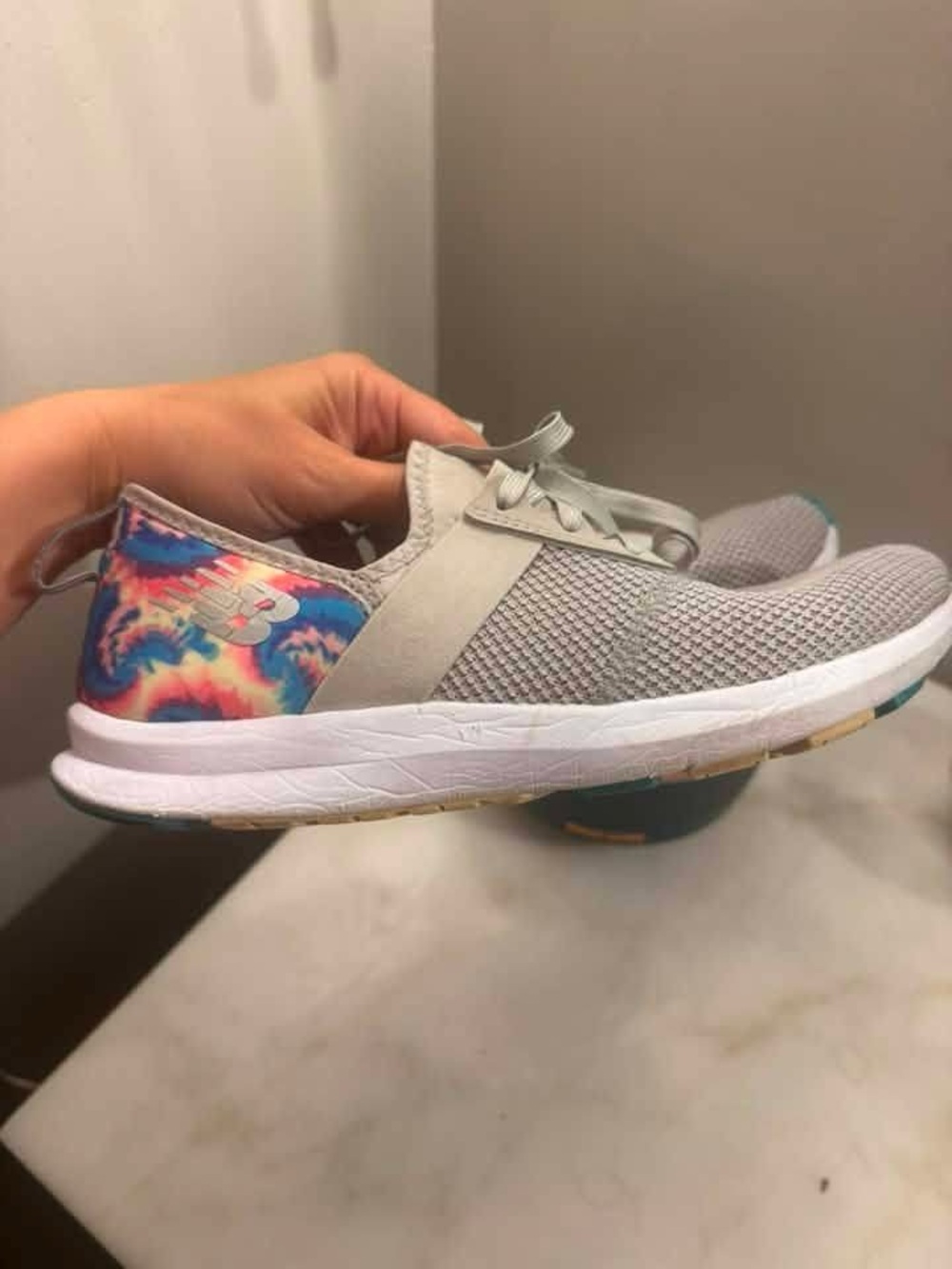 New Balance Light Gray Slip-On Sneakers with Multicolor Tie-Dye Heel